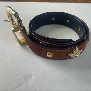 Vintage escada brown suede womens belt with gold squares and maple leafs